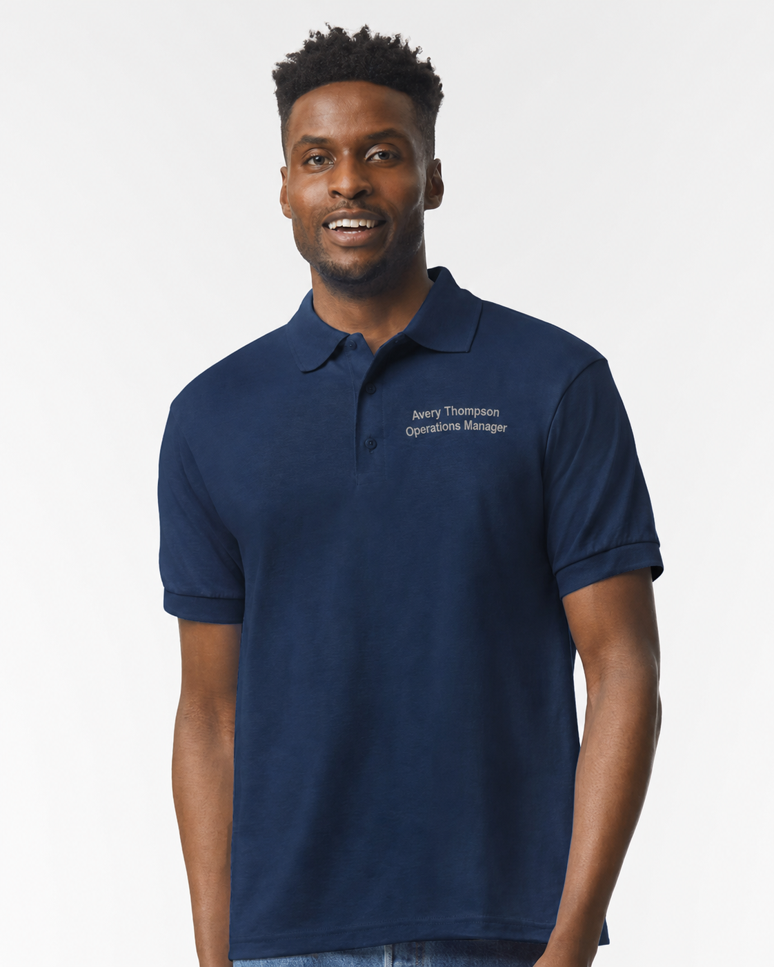 Gildan 8800 navy polo with sample Avery Thompson embroidery