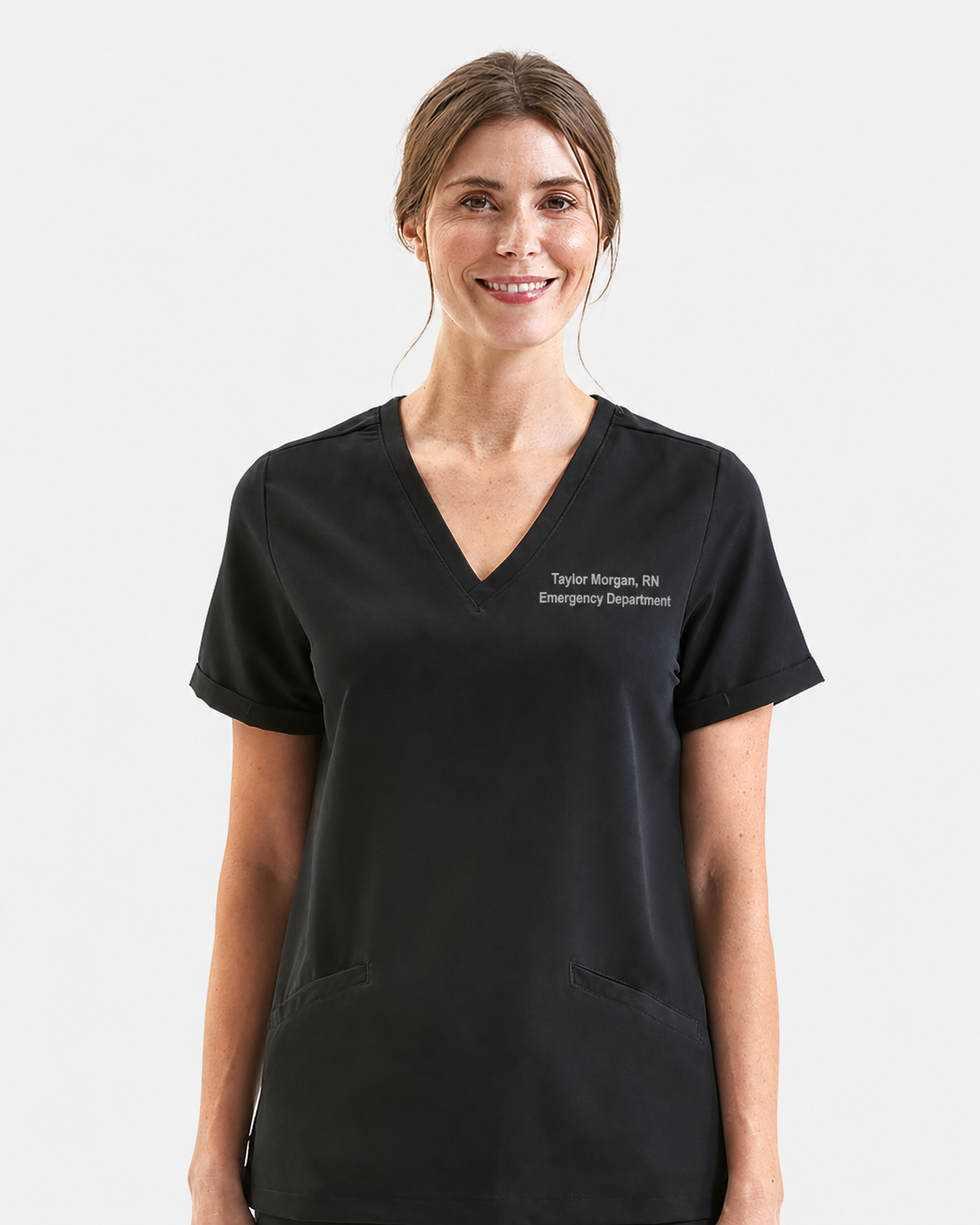 Onna NN310 black scrub top with sample Taylor Morgan embroidery
