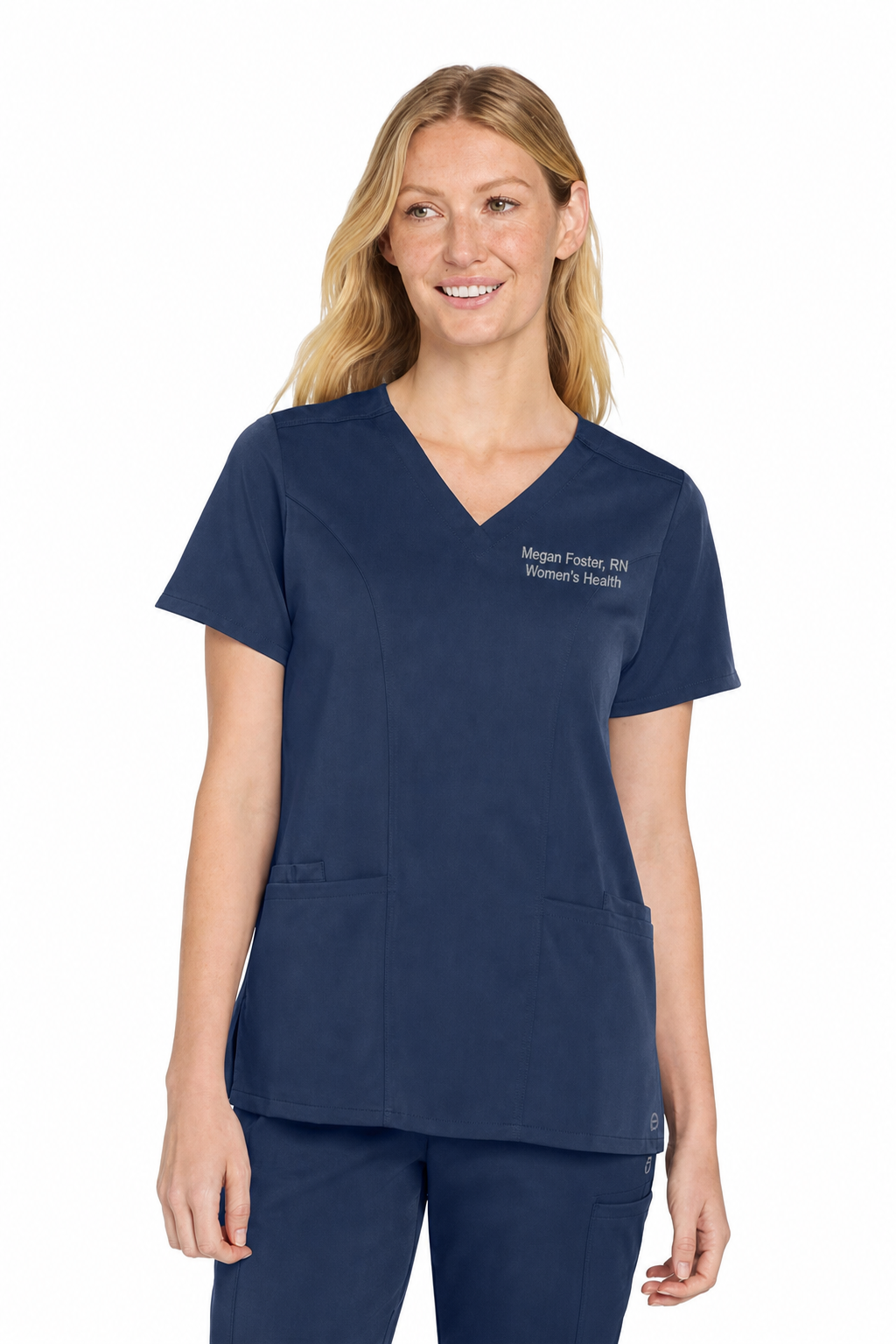 Wink WW4168 navy scrub top with sample Megan Foster embroidery