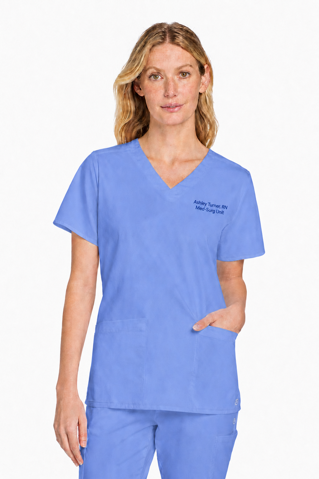 Wink WW4560 ceil blue scrub top with sample Ashley Turner embroidery
