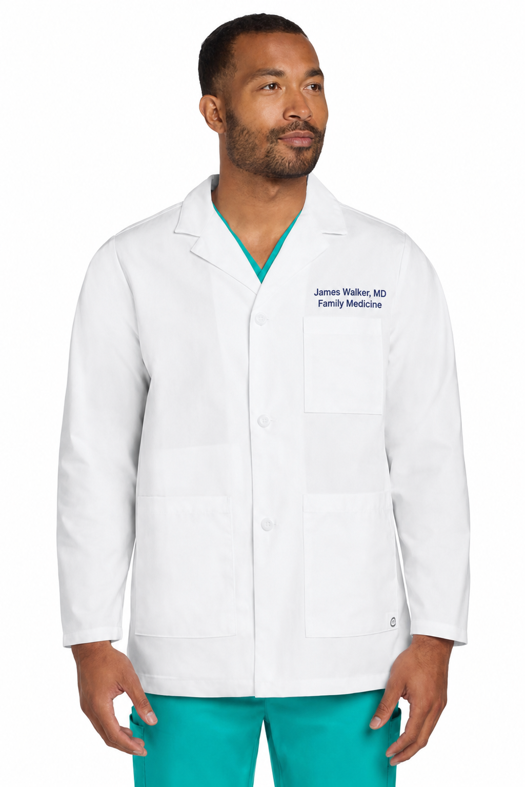 Wink WW5072 white lab coat with sample James Walker embroidery
