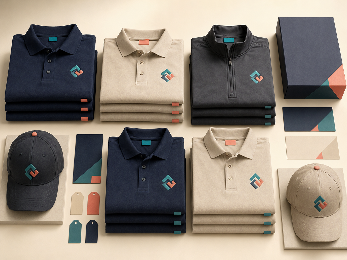 A coordinated set of embroidered business uniforms and caps