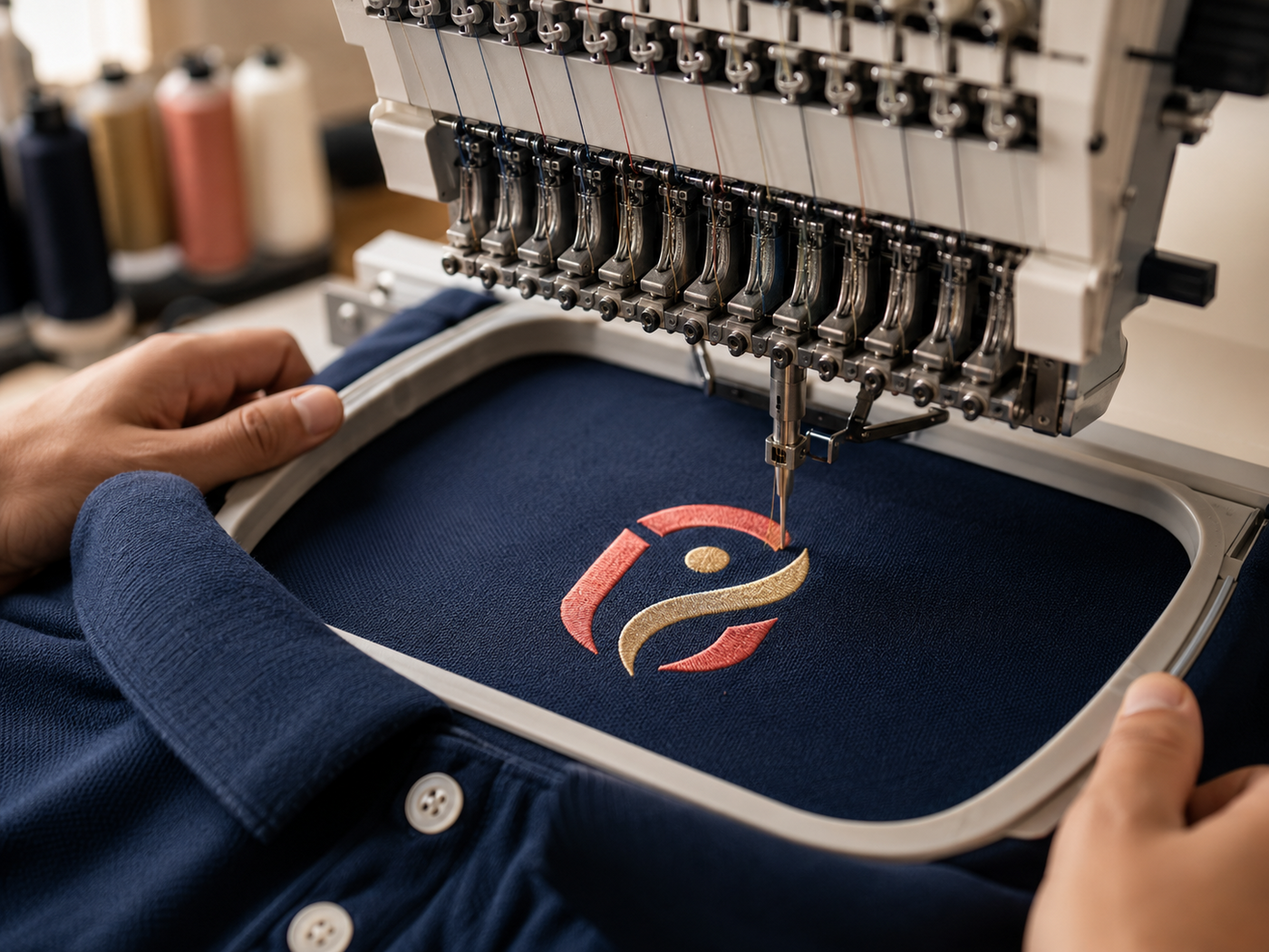 Professional embroidery machine stitching a monogram into a navy garment