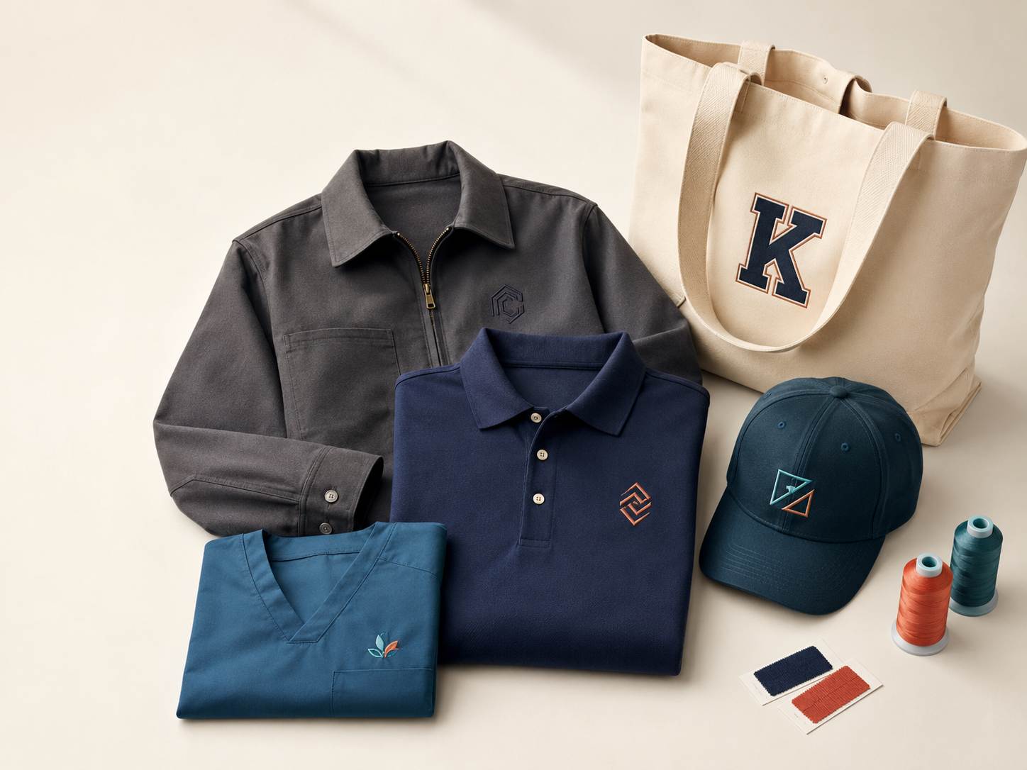 A coordinated assortment of embroidered polos, workwear, a cap and tote